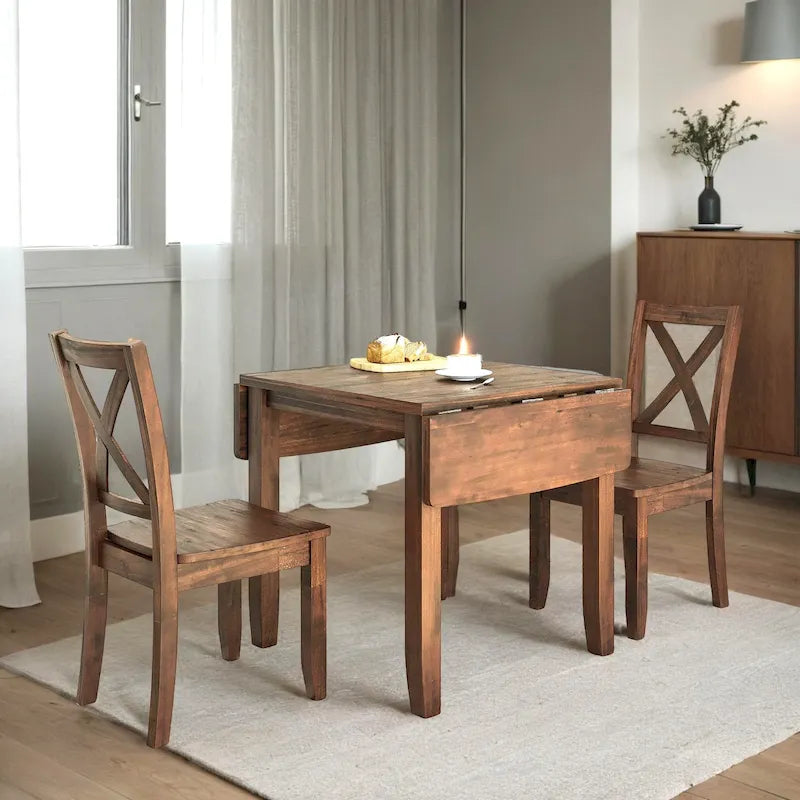 Set da Tavolo da Pranzo 3 Pezzi in Legno con Piano Ribaltabile e 2 Sedie a X per Piccoli Spazi