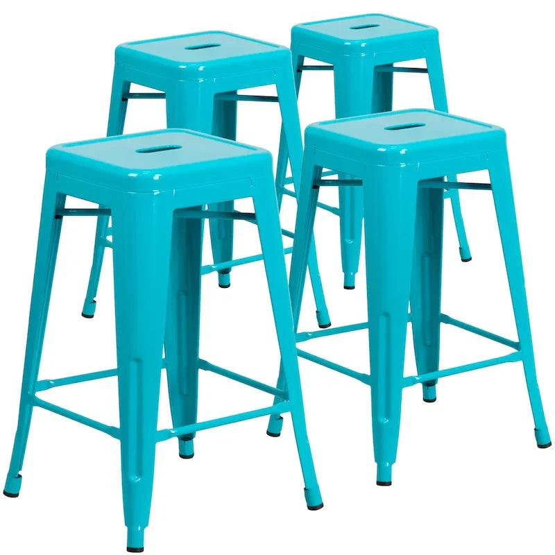 Set di 4 Sgabelli in Metallo Senza Schienale da 61 cm per Interni/Esterni, con Seduta Quadrata