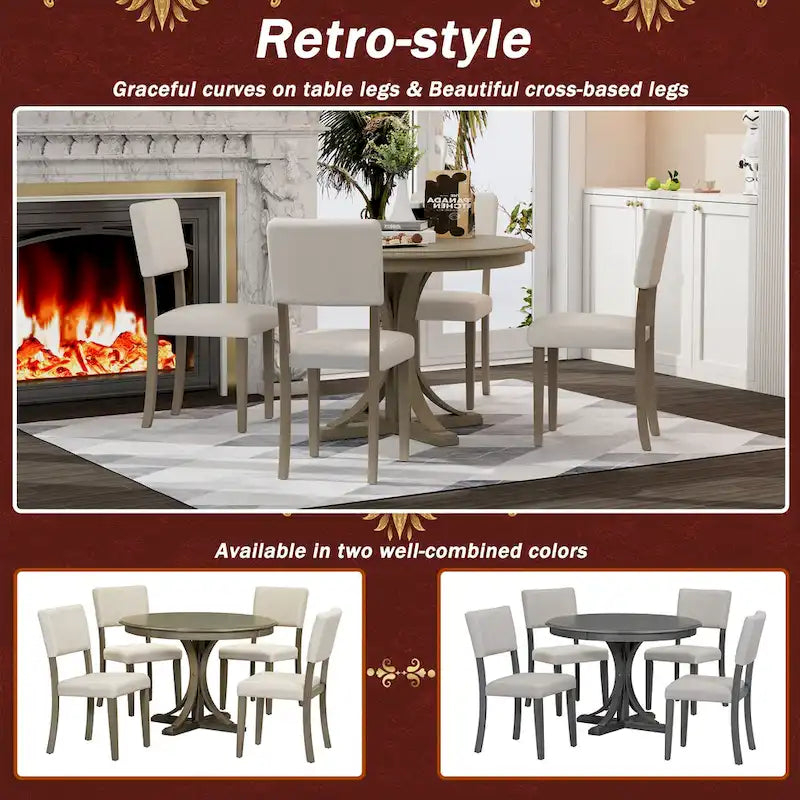 Set da pranzo retro in legno da 5 pezzi color tortora con tavolo a cavalletto curvo e 4 sedie