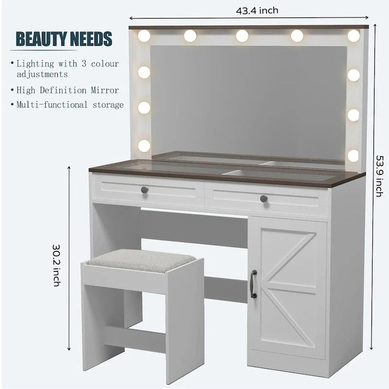 Roomfitters Toilette da Trucco Rustica con Luci, Scrivania con Specchio Illuminato e Anta a Scorrimento, Tavolo da Trucco con 2 Cassetti