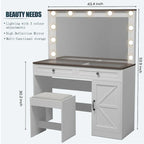 Roomfitters Toilette da Trucco Rustica con Luci, Scrivania con Specchio Illuminato e Anta a Scorrimento, Tavolo da Trucco con 2 Cassetti