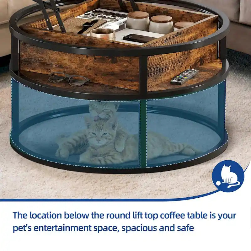 Moasis Farmhouse Lift Top Round Coffee Table with Hidden Storage and Shelf