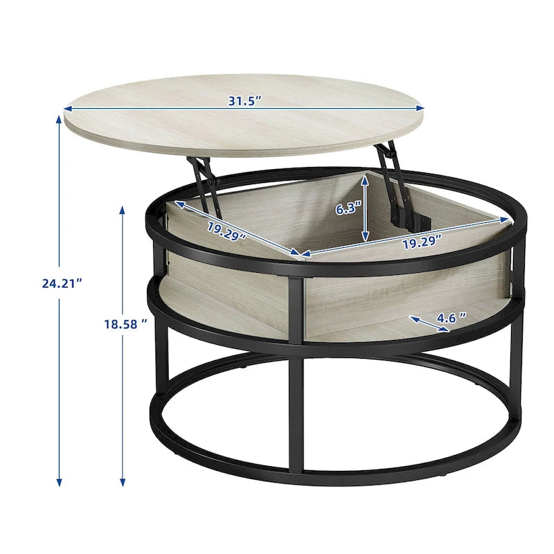 Moasis Farmhouse Lift Top Round Coffee Table with Hidden Storage and Shelf