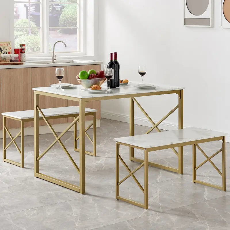 VECELO Tavolo da Pranzo 3 Pezzi con Panca, Set Tavolo da Pranzo per 4-6 Posti, Tavolo da Cucina con 2 Panche, Set Tavolo da Pranzo