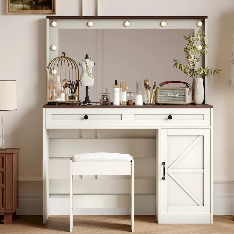 Roomfitters Toilette da Trucco Rustica con Luci, Scrivania con Specchio Illuminato e Anta a Scorrimento, Tavolo da Trucco con 2 Cassetti