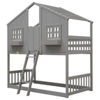 Letto a castello a casetta singolo su singolo con tetto, finestra, fioriera, porta, con sponde di sicurezza e scaletta, Grigio