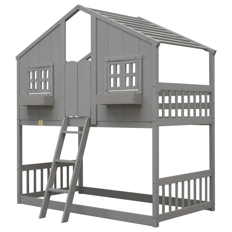 Letto a castello a casetta singolo su singolo con tetto, finestra, fioriera, porta, con sponde di sicurezza e scaletta, Grigio