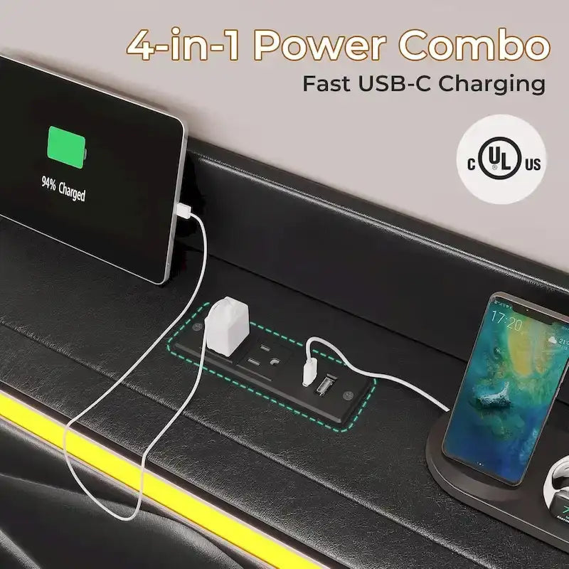 Struttura letto con luci LED per testiera e stazione di ricarica USB-C/A, 4 cassetti