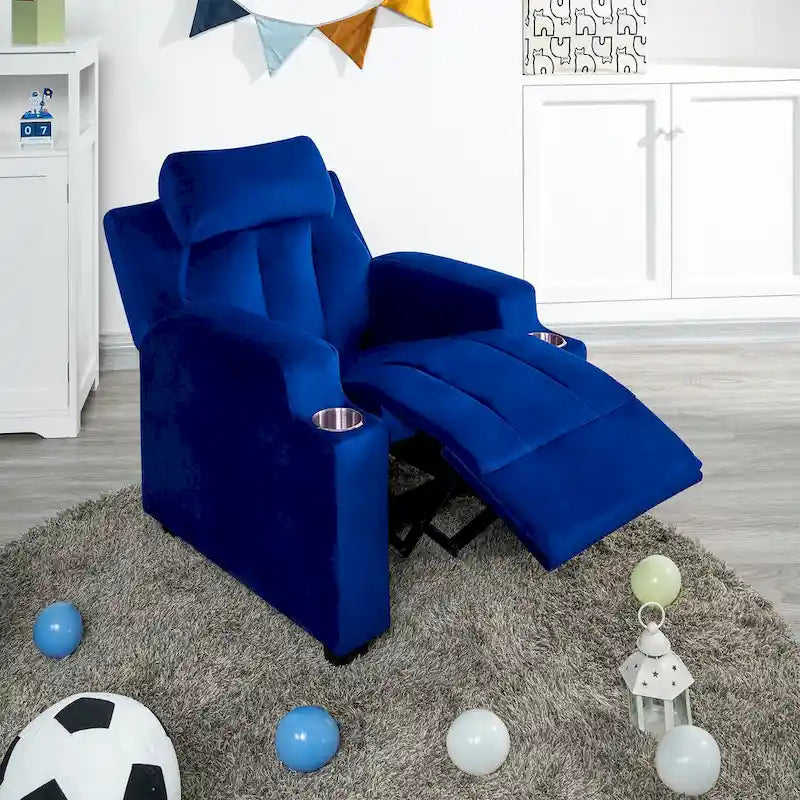 Deluxe Kids Recliner Chair with Footrest Headrest and 2 Cup Holders Microfiber Kids Recliner for Age 3+ Years