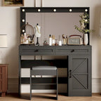 Roomfitters Toilette da Trucco Rustica con Luci, Scrivania con Specchio Illuminato e Anta a Scorrimento, Tavolo da Trucco con 2 Cassetti