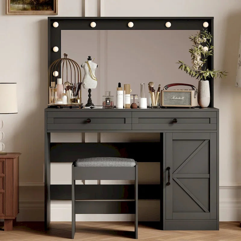 Roomfitters Toilette da Trucco Rustica con Luci, Scrivania con Specchio Illuminato e Anta a Scorrimento, Tavolo da Trucco con 2 Cassetti