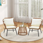 Set da Bistrot da Esterno in Rattan da 3 Pezzi, Set di Mobili da Giardino con Tavolo in Vetro e 2 Ampie Poltrone, Cuscini Inclusi