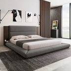 Letto imbottito King Gray Floor a basso profilo con testiera estesa in legno, mensole comodino integrate