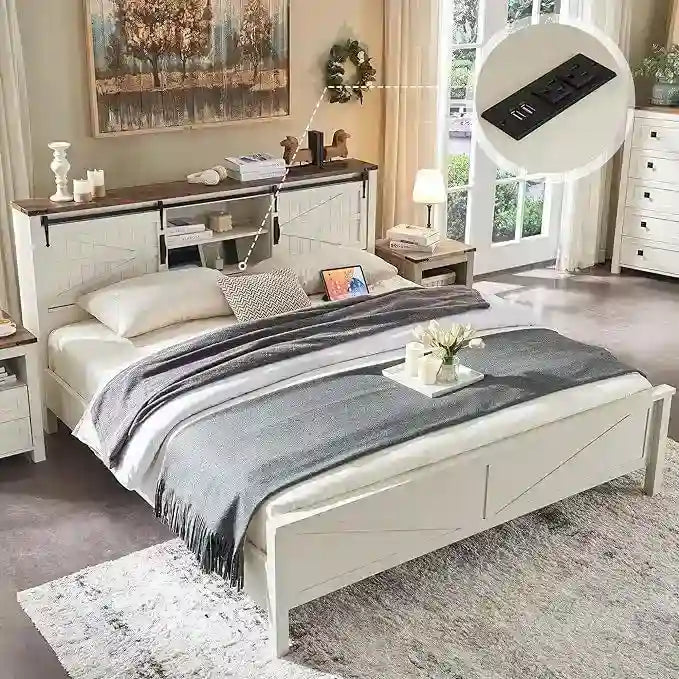 Struttura Letto Matrimoniale Queen Size Stile Rustico con Ripiani Contenitori e Stazione di Ricarica