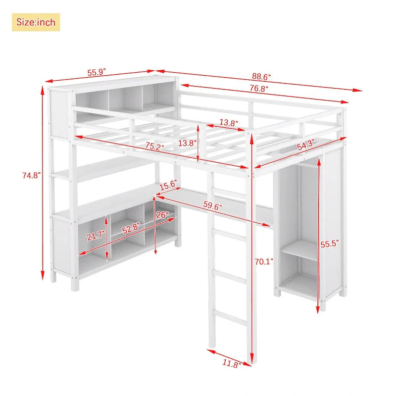 Letto a soppalco in metallo Off-White con scrivania e armadio - Matrimoniale