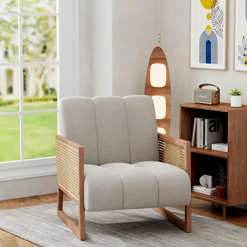 Poltroncine in Rattan, Sedia in Rattan Naturale Imbottita Poltrona in Lino Mid-Century Modern Side Chair per Soggiorno Camera da Letto