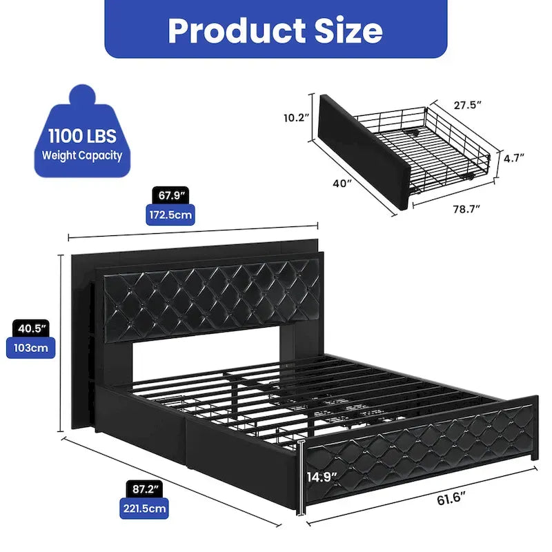 Moasis Letto Matrimoniale Queen Size con Struttura in PU e LED, Imbottito, con Piattaforma