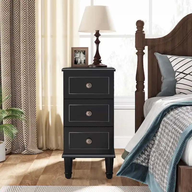 Fully Assembled Narrow End Table, Solid Wood Side Table with 3 Drawers, Vintage Nightstand Slim Bedside Table for Small Spaces
