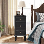 Fully Assembled Narrow End Table, Solid Wood Side Table with 3 Drawers, Vintage Nightstand Slim Bedside Table for Small Spaces