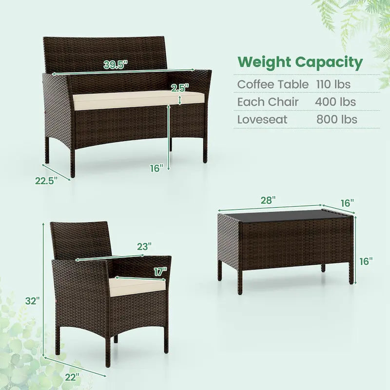 Costway Set di 4 Mobili da Giardino con Cuscini Lavabili e Vetro Temperato - Vedi Dettagli
