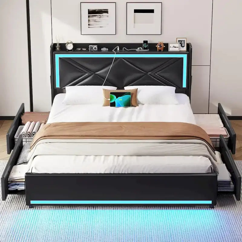 Struttura letto con luci LED per testiera e stazione di ricarica USB-C/A, 4 cassetti