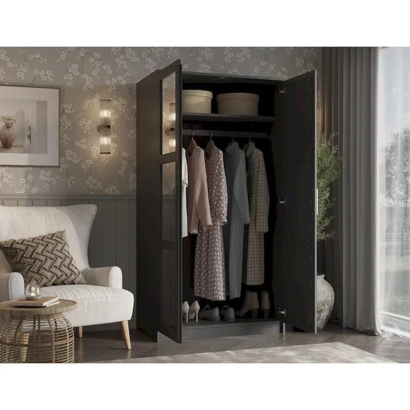 Palace Imports 100% Solid Wood 2-Door Urban Wardrobe Armoire with Solid and Mirrored Doors