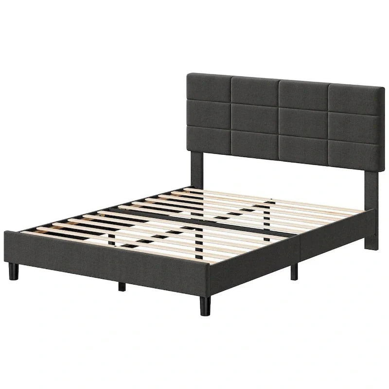 Struttura letto imbottita in lino con supporto a doghe in legno