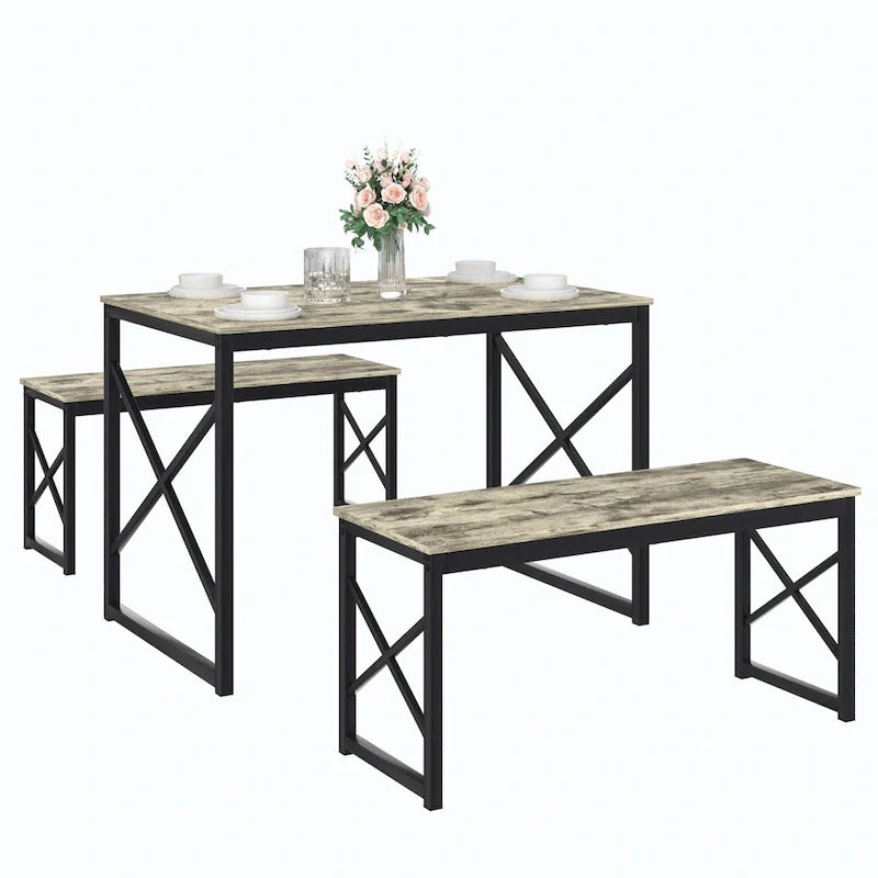 VECELO Tavolo da Pranzo 3 Pezzi con Panca, Set Tavolo da Pranzo per 4-6 Posti, Tavolo da Cucina con 2 Panche, Set Tavolo da Pranzo