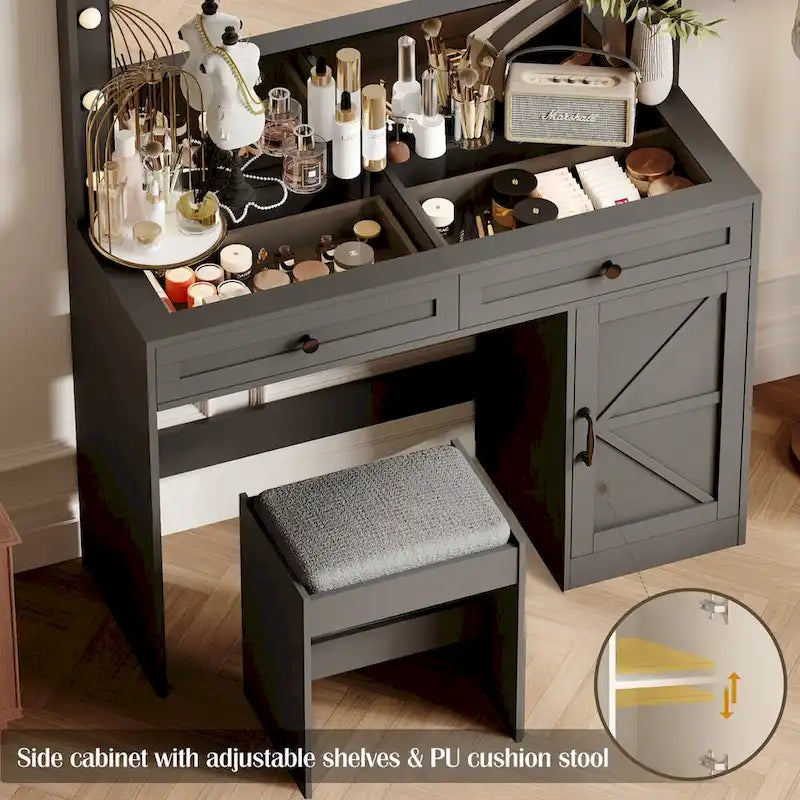 Roomfitters Toilette da Trucco Rustica con Luci, Scrivania con Specchio Illuminato e Anta a Scorrimento, Tavolo da Trucco con 2 Cassetti