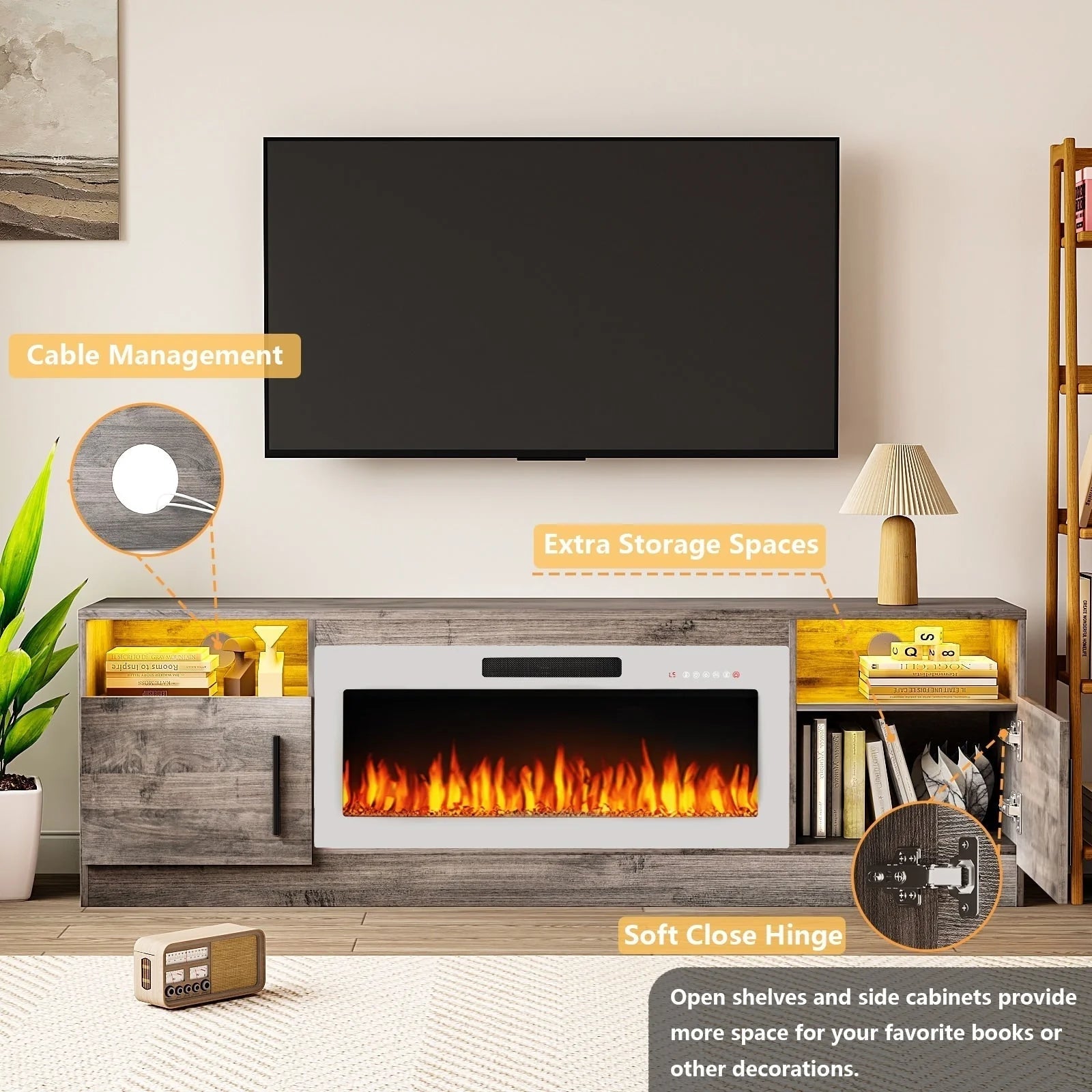 Mobile TV Bossin 70" con caminetto elettrico 36", Mobile TV per televisori fino a 80", 16 colori LED/Centro di intrattenimento