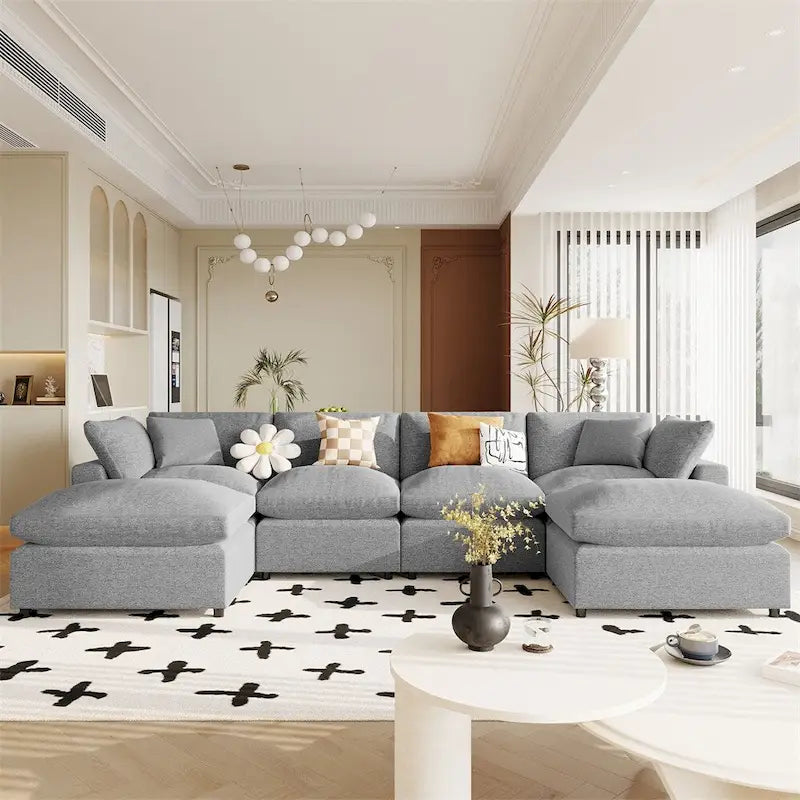 Divano componibile moderno a U, 2 grandi chaise longue con pouf rimovibili