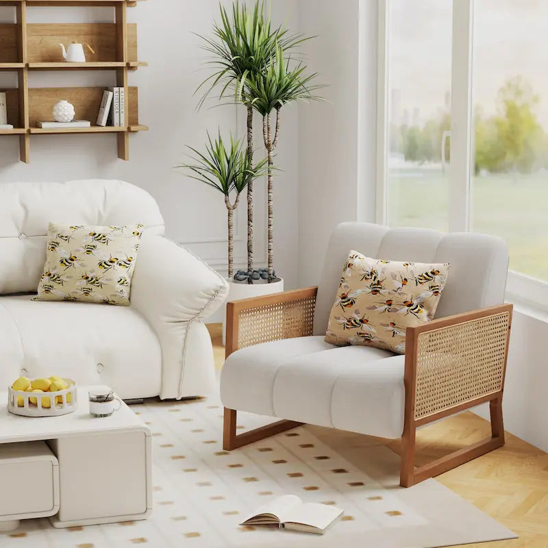 Poltroncine in Rattan, Sedia in Rattan Naturale Imbottita Poltrona in Lino Mid-Century Modern Side Chair per Soggiorno Camera da Letto