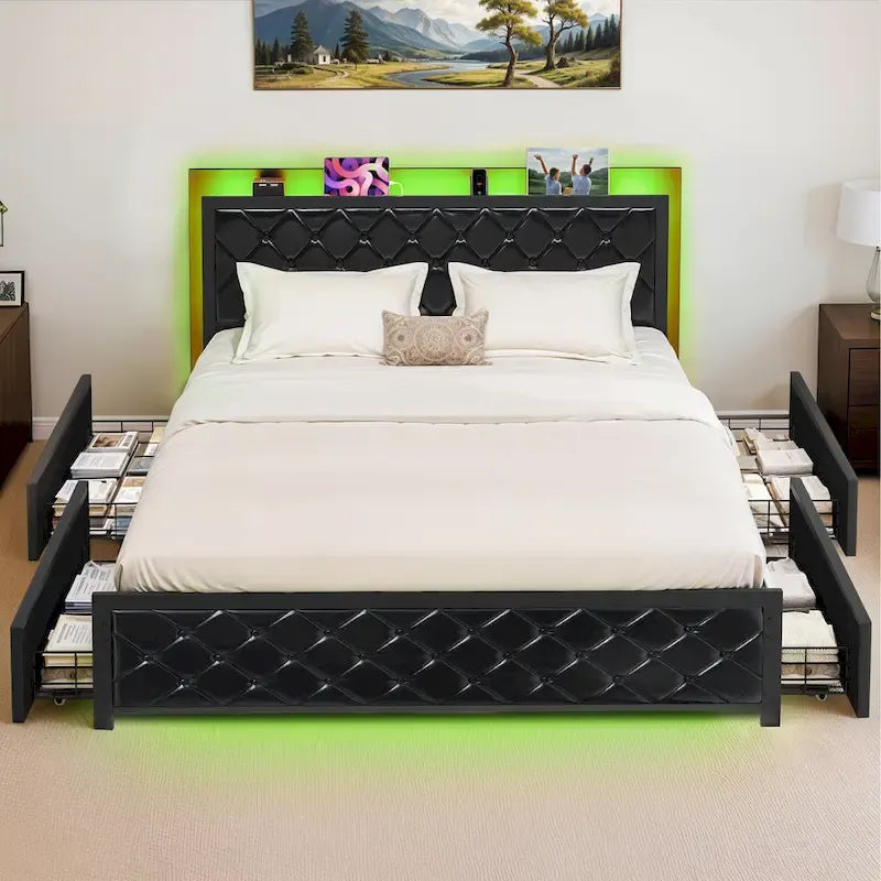 Moasis Letto Matrimoniale Queen Size con Struttura in PU e LED, Imbottito, con Piattaforma
