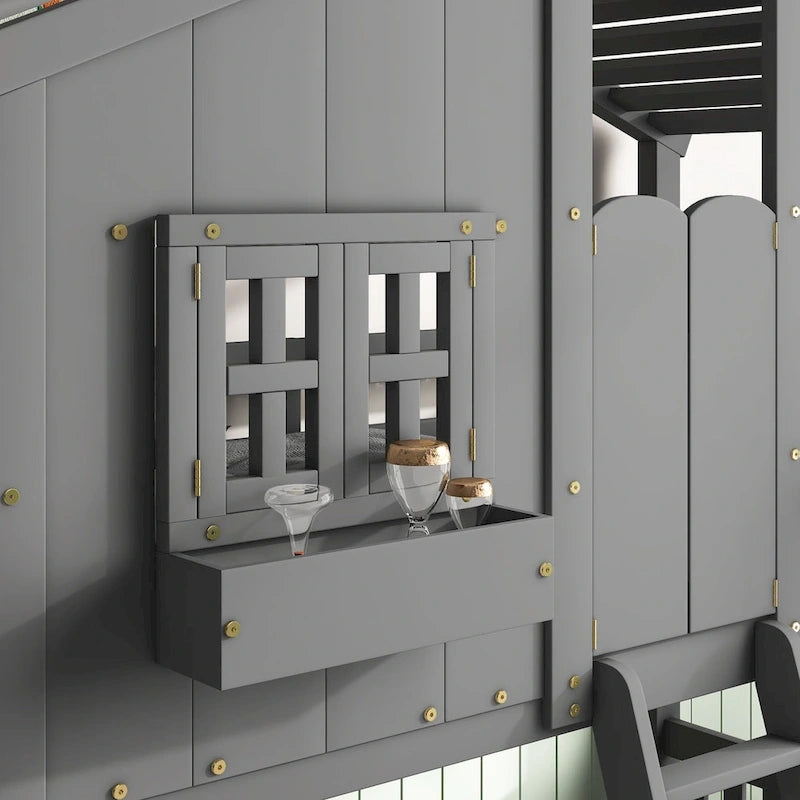 Letto a castello a casetta singolo su singolo con tetto, finestra, fioriera, porta, con sponde di sicurezza e scaletta, Grigio