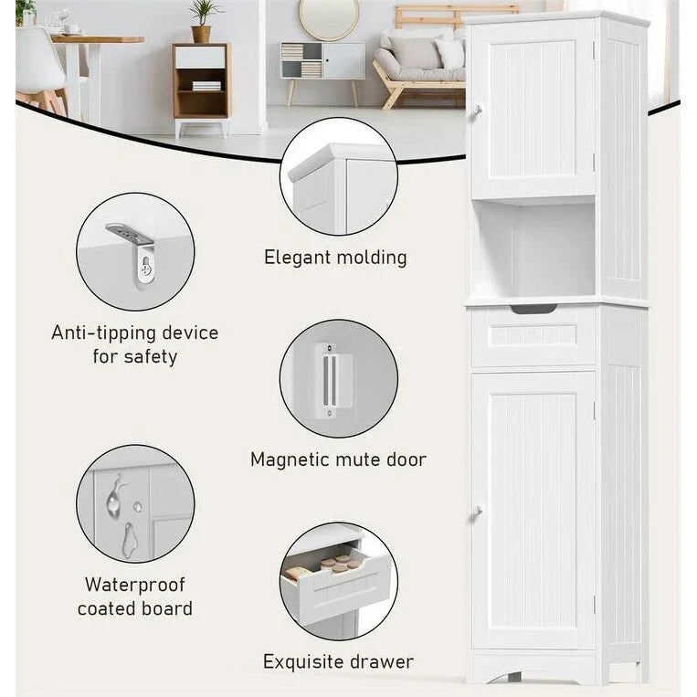 67 H Tall Bathroom Cabinet Narrow Linen Tower, Storage Cabinet with 2 Doors & Drawer
