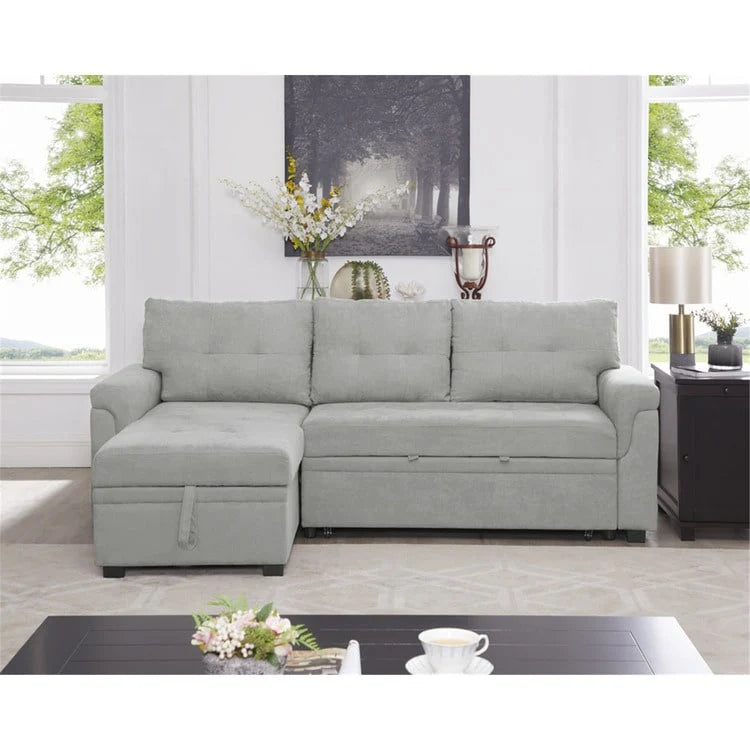 Divano componibile convertibile reversibile con letto estraibile, chaise longue con contenitore nascosto e gambe durevoli