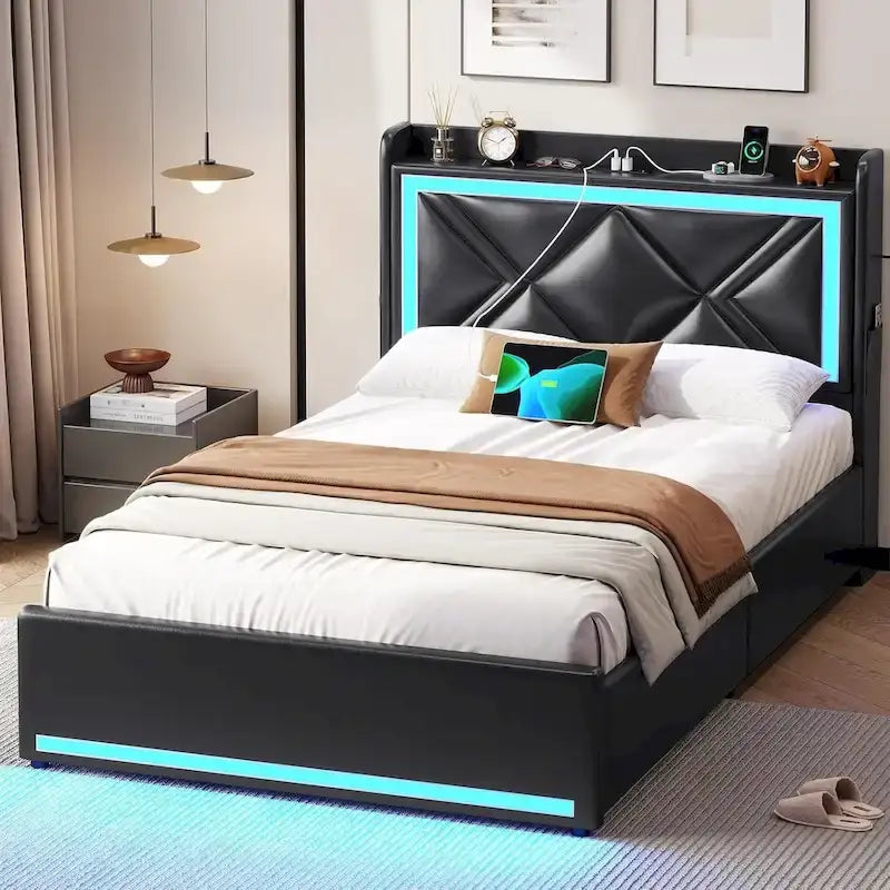 Struttura letto con luci LED per testiera e stazione di ricarica USB-C/A, 4 cassetti