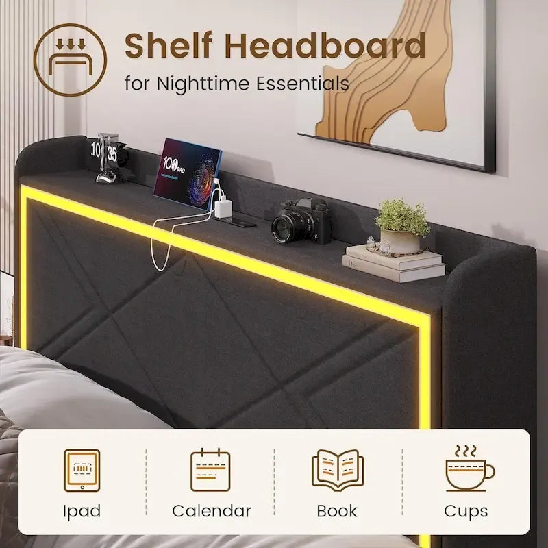 Struttura letto con luci LED per testiera e stazione di ricarica USB-C/A, 4 cassetti
