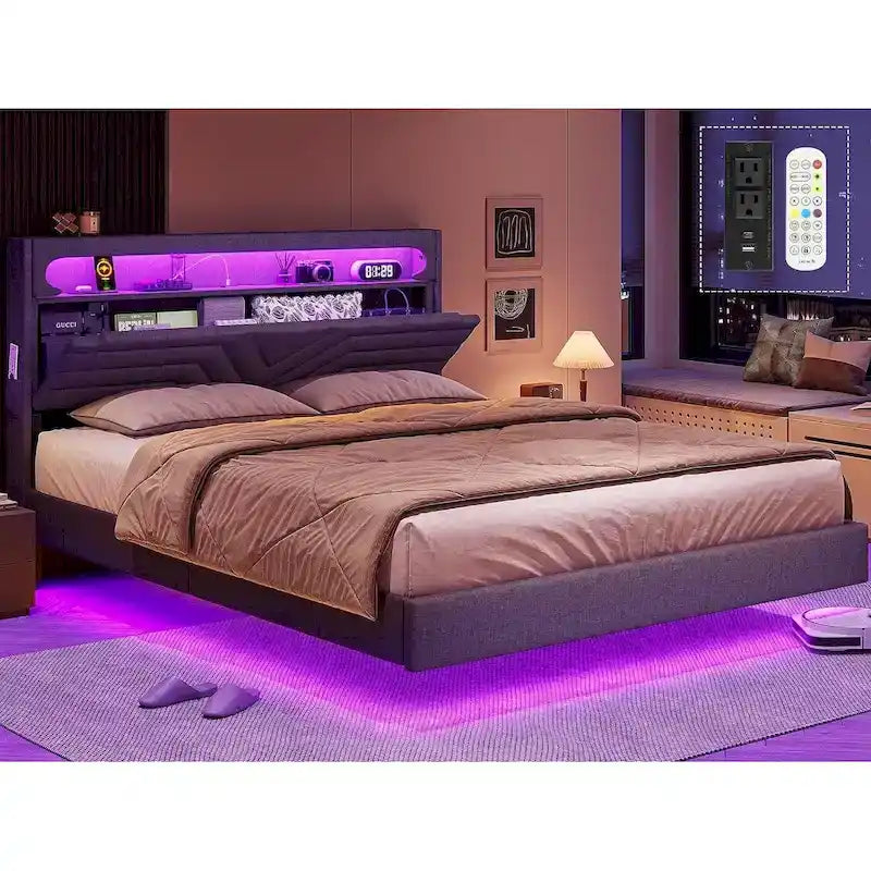 Struttura letto con luci LED per testiera e stazione di ricarica USB-C/A, 4 cassetti