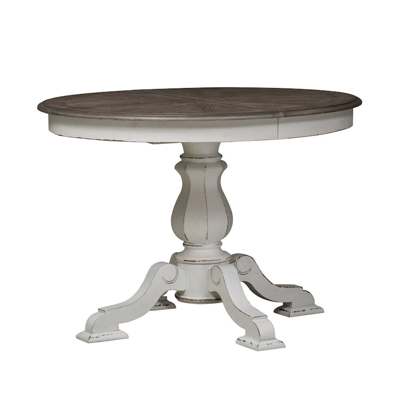 Tavolo da pranzo rotondo Magnolia Manor con base a piedistallo e prolunghe – 2 finiture