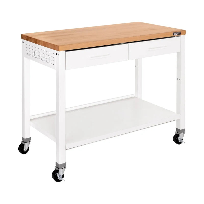 HOME Isola da Lavoro per Cucina con Piano in Legno Massello, 122 L x 61 P x 91 A cm, Bianco