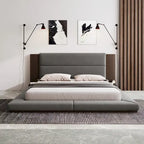 Letto imbottito King Gray Floor a basso profilo con testiera estesa in legno, mensole comodino integrate