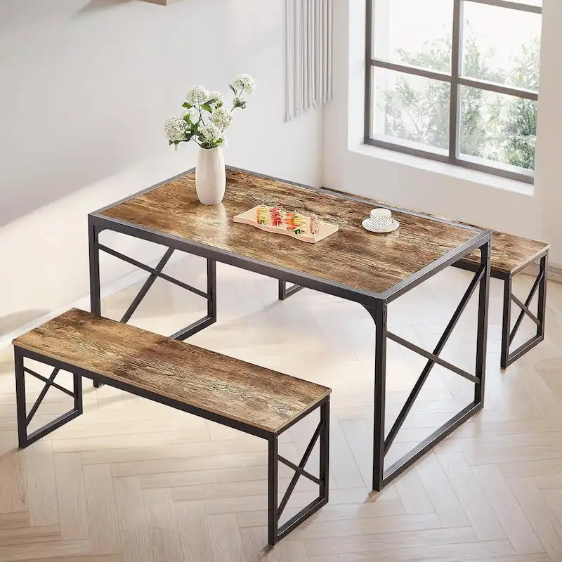 VECELO Tavolo da Pranzo 3 Pezzi con Panca, Set Tavolo da Pranzo per 4-6 Posti, Tavolo da Cucina con 2 Panche, Set Tavolo da Pranzo