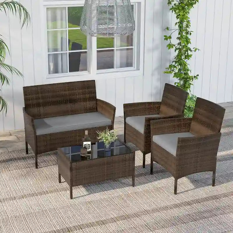 Costway Set di 4 Mobili da Giardino con Cuscini Lavabili e Vetro Temperato - Vedi Dettagli