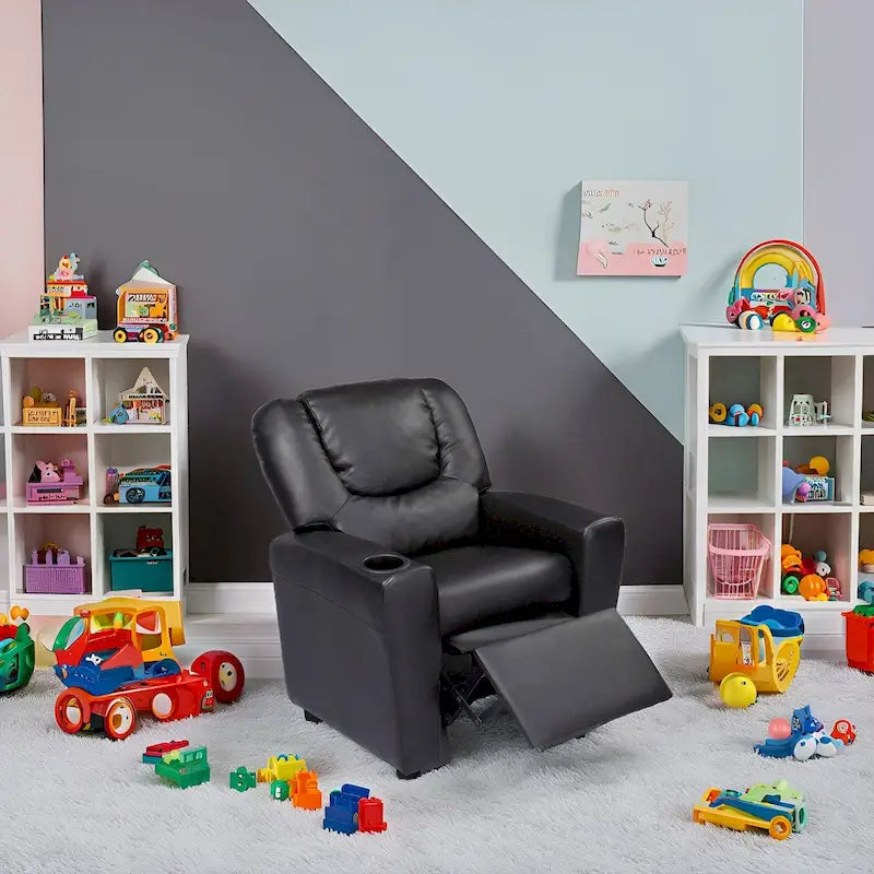 Poltrona Reclinabile per Bambini in PVC con Funzione Reclinabile a Spinta, Portabicchieri e Comodo Poggiapiedi