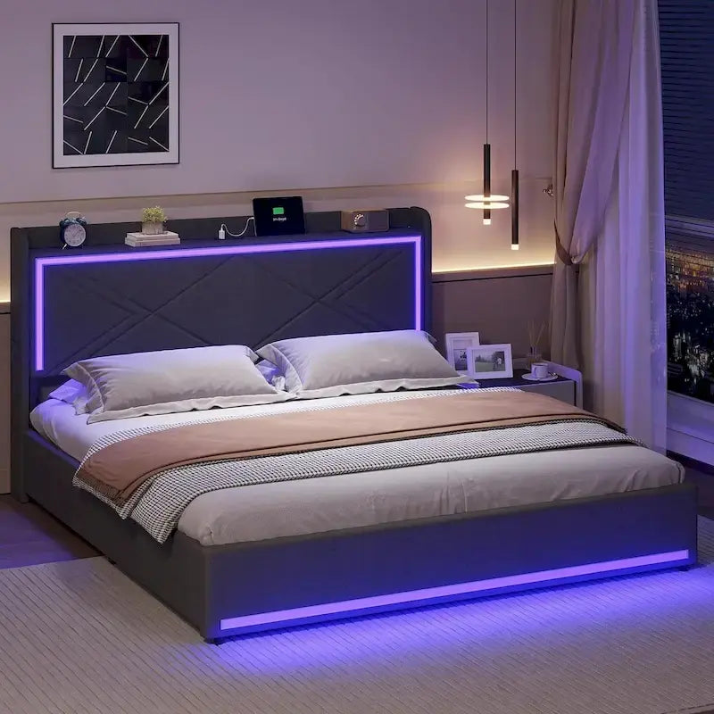 Struttura letto con luci LED per testiera e stazione di ricarica USB-C/A, 4 cassetti