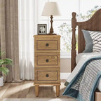Fully Assembled Narrow End Table, Solid Wood Side Table with 3 Drawers, Vintage Nightstand Slim Bedside Table for Small Spaces