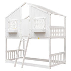 Letto a castello a casetta singolo su singolo con tetto, finestra, fioriera, porta, con sponde di sicurezza e scaletta, Grigio
