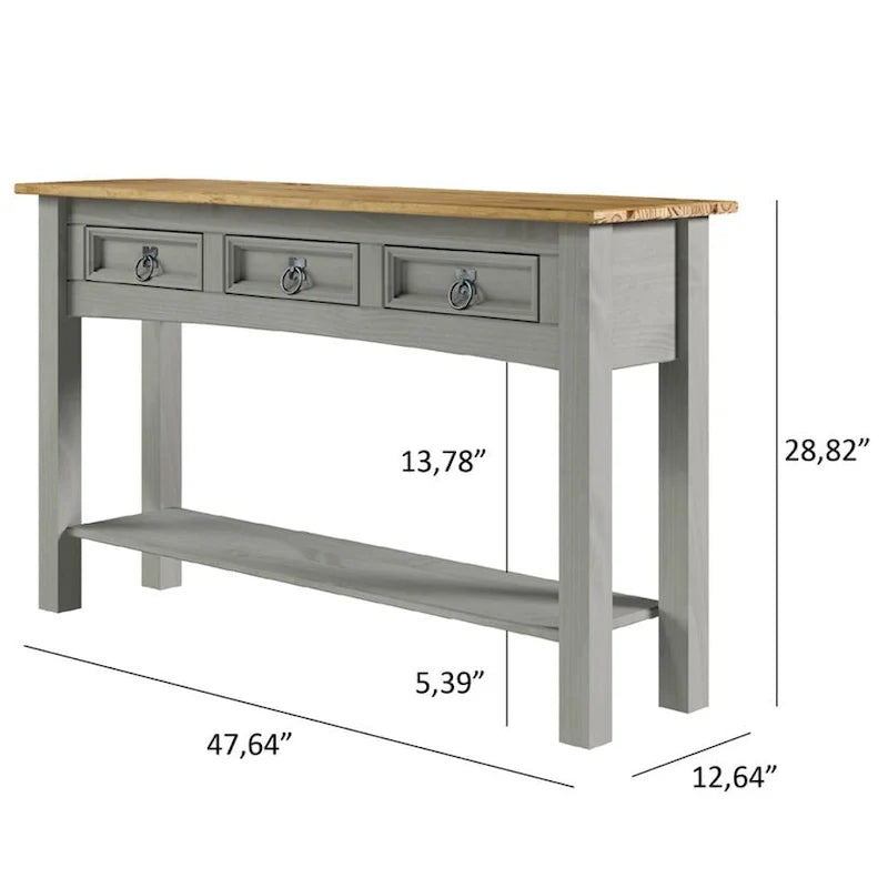Tavolo Consolle Rustico in Pino Massiccio per Ingresso, Bianco Decapato / Marrone Antico / Grigio Decapato / Non Verniciato, 3 Cassetti