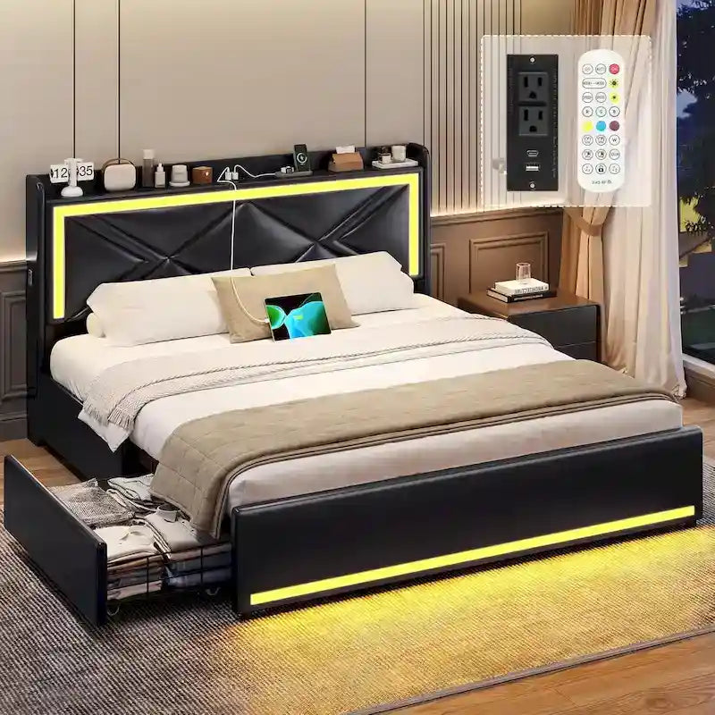 Struttura letto con luci LED per testiera e stazione di ricarica USB-C/A, 4 cassetti